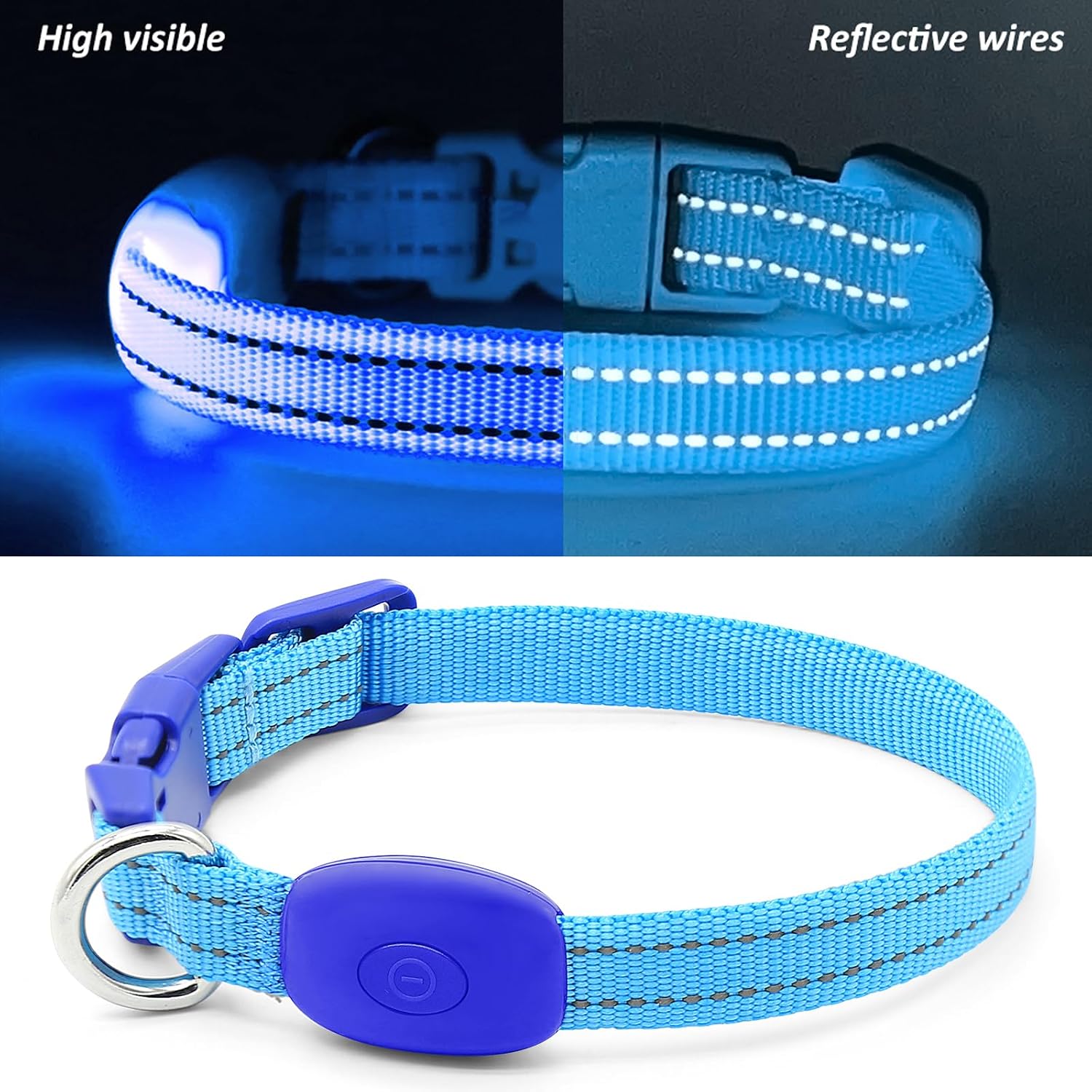 Ensure Your Pet's Safety with Our Rechargeable Reflective LED Dog Collar - Perfect for Small Dogs and Cats in Bright Royal Blue
