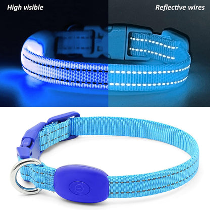 Ensure Your Pet's Safety with Our Rechargeable Reflective LED Dog Collar - Perfect for Small Dogs and Cats in Bright Royal Blue