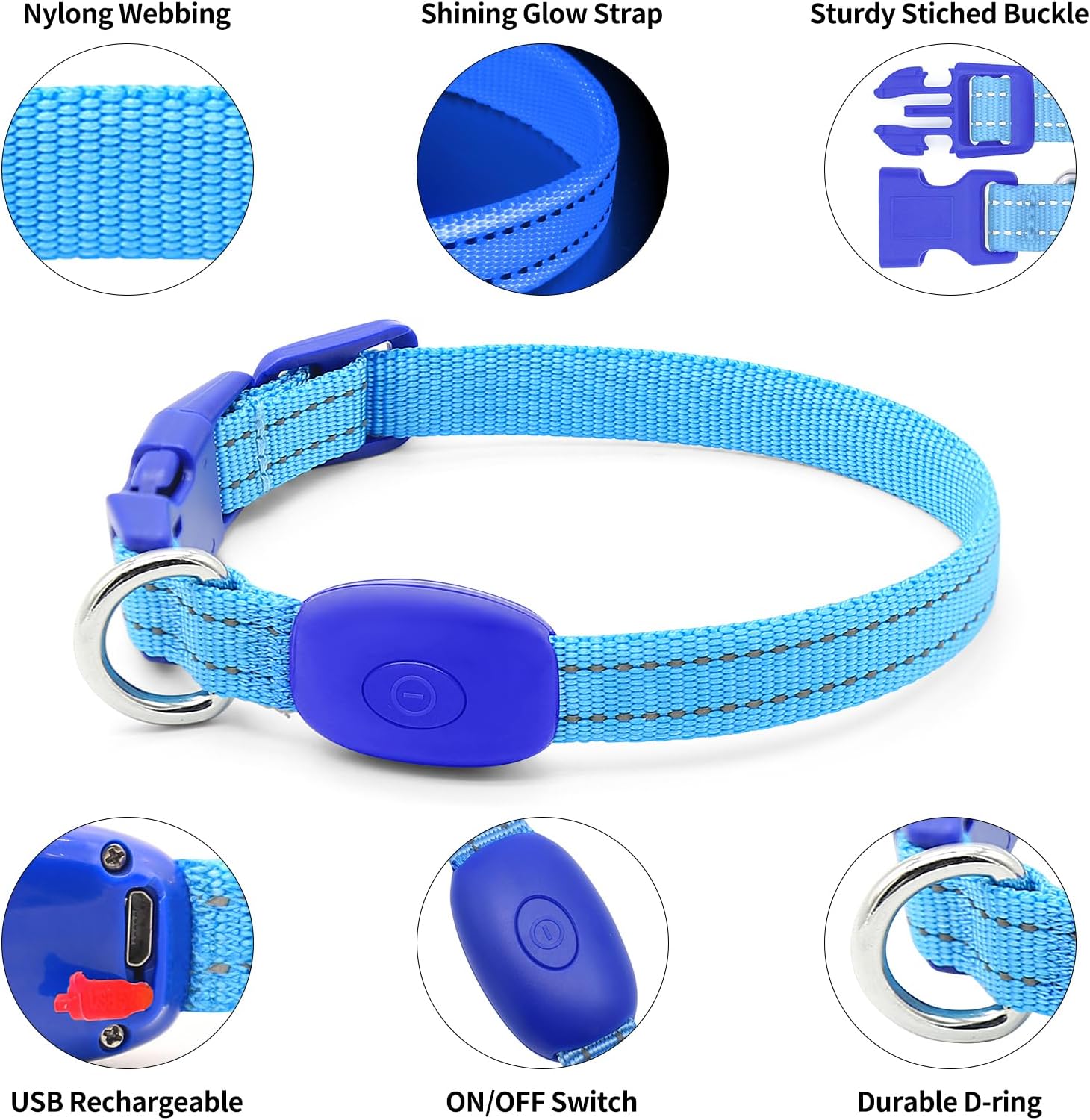 Ensure Your Pet's Safety with Our Rechargeable Reflective LED Dog Collar - Perfect for Small Dogs and Cats in Bright Royal Blue