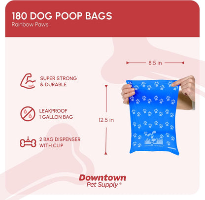 Vibrant Rainbow Paw Print Dog Poop Bags with Convenient Dispenser - 180 Leak-Proof Waste Bags for Easy Cleanups
